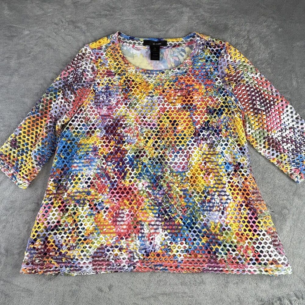 Ali Miles Shirt Womens Petite Medium Multicolor Mesh Overlay‎ Tunic Top Abstract